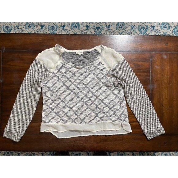 Maison Jules Sweater Boxy Cream & Black Geometric Pattern Mixing Sheer Shoulder - Picture 1 of 6